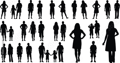Collection of diverse silhouettes featuring adults and children in various poses, standing, walking, and holding hands, perfect for family, education, inclusivity, and social design projects.