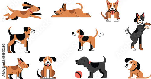 Cute dogs and puppies domestic pets flat icon set