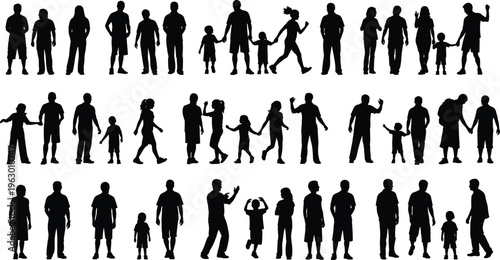 Collection of diverse silhouettes featuring adults and children in various poses, walking, standing, holding hands, and interacting, ideal for social design, diversity, and family projects.