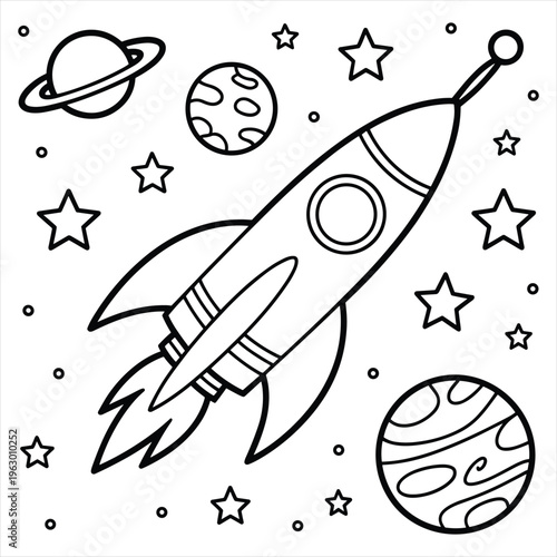 Black and white coloring page featuring a rocket ship planets and stars in outer space 1