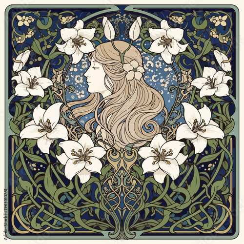 Art nouveau illustration of a woman among white lilies in a decorative border