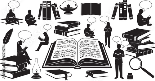 Collection of black silhouette figures reading books and various literary msea set person learning