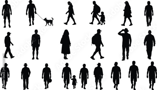 Collection of diverse silhouettes featuring adults, children, and pets in everyday activities, walking, standing, holding hands, and interacting, perfect for design, education, and social projects.