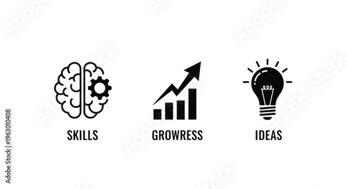 Brain growth and a lightbulb represent skills progress and ideas silhouette
