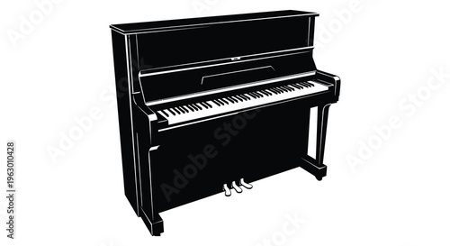 Black upright piano isolated on a white background a striking silhouette