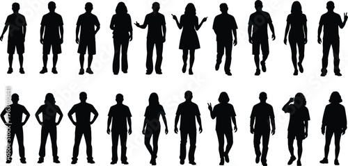 Collection of diverse silhouettes featuring men and women in various poses, standing, walking, gesturing, and interacting, perfect for design, education, sociology, and creative illustration projects.