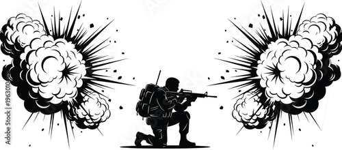 Soldier silhouette kneeling with rifle in battlefield between two large explosions, military combat action scene, black and white vector illustration