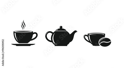 Black coffee teapot and cup designs presented as a striking silhouette