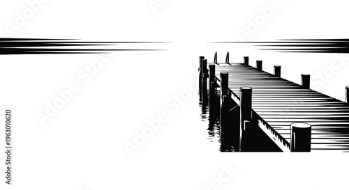 A stark black and white pier extends into the calm sea silhouette
