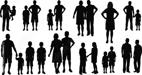 Collection of family silhouettes featuring adults and children in diverse groupings, standing, walking, 