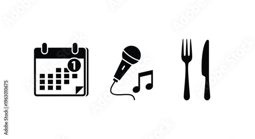 Calendar microphone and cutlery icons depicted in a dark silhouette