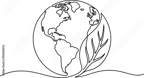 Minimalist Continuous Line Art Earth with Leaf – Eco Friendly Globe Vector Illustration