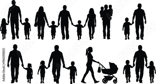 Collection of family silhouettes featuring adults and children in diverse groupings, walking, standing,