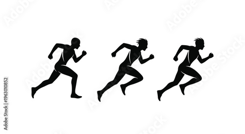 Three runners in dynamic poses a striking black silhouette