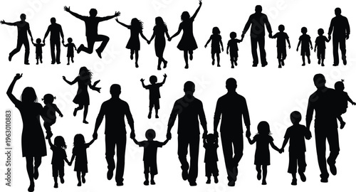 Collection of family silhouettes featuring adults and children in dynamic poses, walking, standing, holding hands, and interacting, perfect for parenting, inclusivity, education, and social design