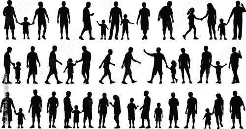 Collection of family silhouettes showing adults and children interacting, walking, holding hands, and standing together, ideal for parenting, education, and social design projects.