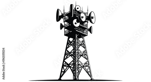 Detailed communication tower illustration in stark black and white silhouette
