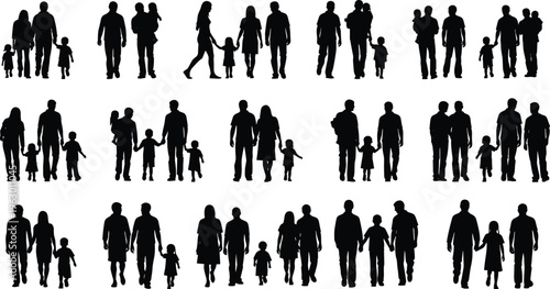 Collection of family silhouettes showing diverse adults and children in various groupings, walking, standing, and interacting, perfect for parenting, education, inclusivity, and social design