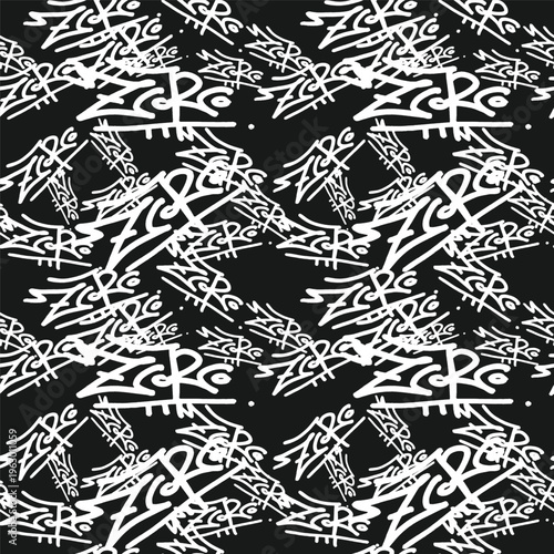 Graffity wall tags, seamless black and white pattern. Street art monochrome collage with lettering elements in the grunge style. Fashion hand drawing texture for fabric print. Vector wallpaper