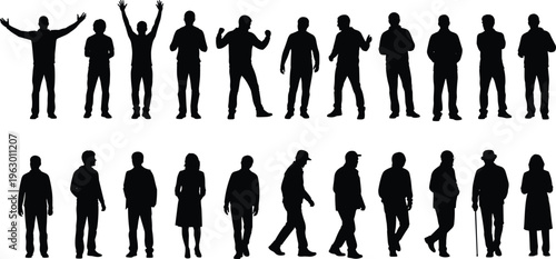 Silhouette collection of diverse human figures in expressive poses, walking stances, and gestures, showcasing body language variety for design, animation, and creative illustration projects
