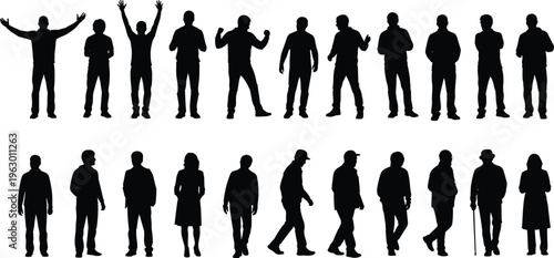 Silhouette collection of diverse people in expressive poses, walking stances, and gestures, highlighting human posture, movement, and body language for design, animation, and illustration projects
