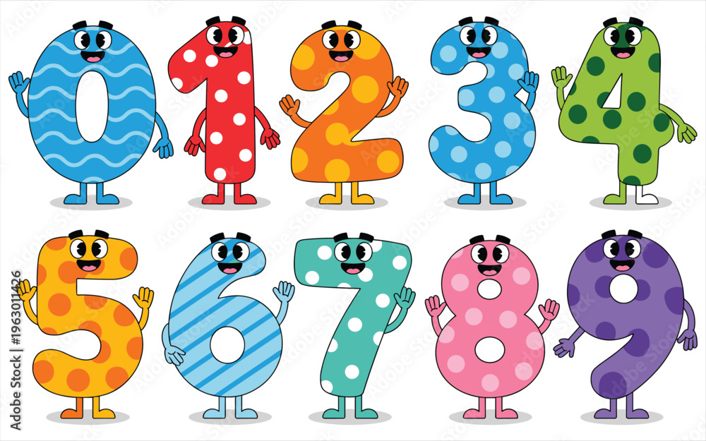Fototapeta premium A set of cute cartoon numbers from zero to nine with colorful patterns