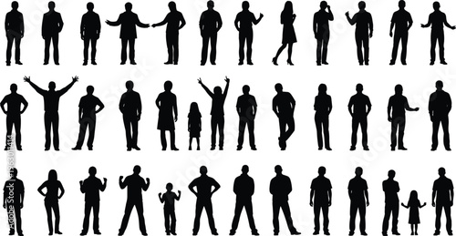 Silhouette collection of thirty diverse people in standing, walking, and expressive poses, showcasing human posture, gestures, and movement for design, demographic, and creative illustration projects