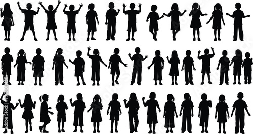 Silhouette collection of thirty‑six diverse children in playful, standing, and expressive poses, showcasing posture, gestures, and movement for design, education, and creative illustration projects
