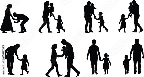 "Silhouette illustration of adults interacting with children in nurturing family poses including walking, holding hands, carrying, and standing together for caregiving design projects"
