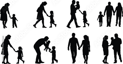 "Silhouette illustration of adults interacting with children in various family poses including walking, holding hands, lifting, and standing together for relationship design projects"