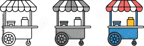 Set of street food vendor cart icons in outline silhouette and colorful flat styles for market design.