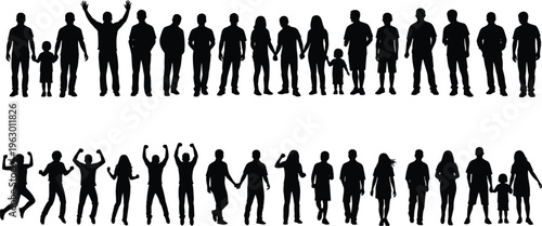 "Silhouette illustration of diverse adults and children arranged in two rows showing standing, walking, and dynamic poses representing human interaction and social diversity"