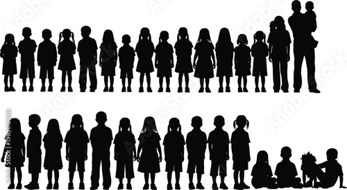 "Silhouette illustration of multiple children and adults arranged in two rows showing diverse postures, ages, and group interactions for demographic and educational design projects"