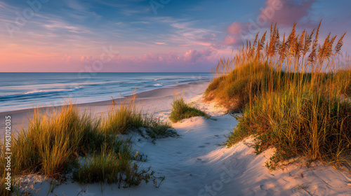 Serene Coastal Landscape at Sunrise with Sandy Beach and Ocean Waves for Travel Inspiration