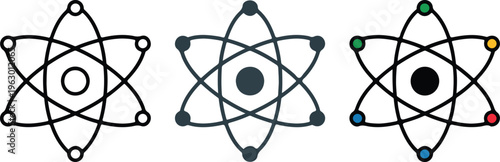 Set of atomic structure icons in minimalist outline silhouette and colorful flat styles for science and technology design.