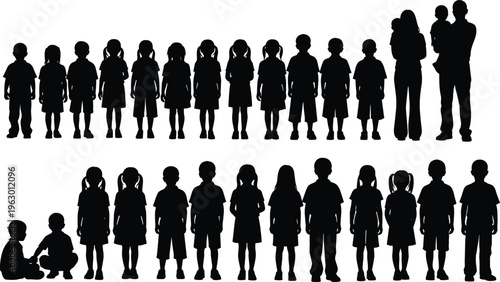 "Silhouette illustration of multiple children and adults arranged in two rows showing diverse postures, hairstyles, and clothing styles for demographic and educational design projects"