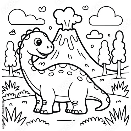 Cute brontosaurus dinosaur standing in front of an erupting volcano coloring page