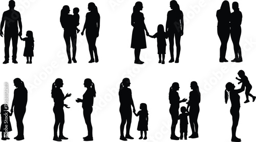 Silhouettes of adults and children in diverse family interactions, holding hands, playing, carrying, talking, black figures isolated on white background, concept of parenting, caregiving, and bonding 