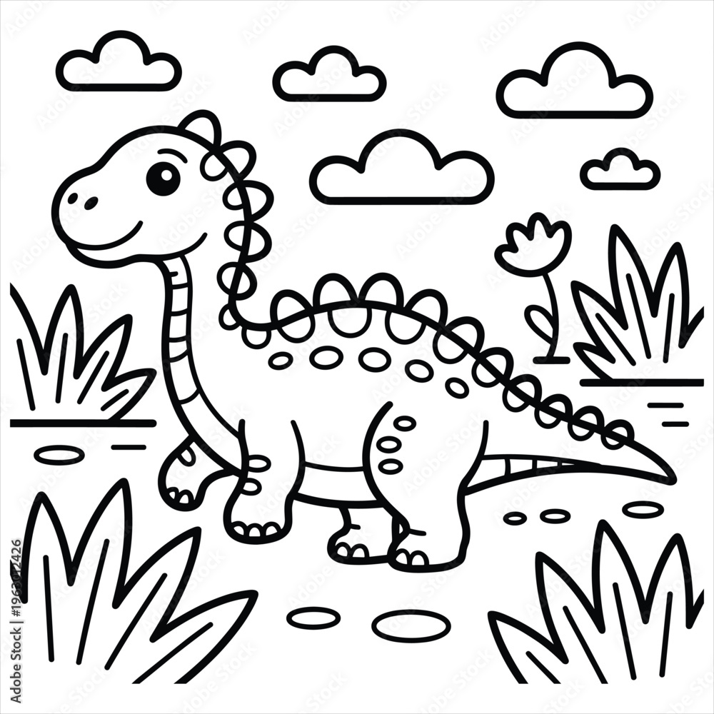 Obraz premium Cute cartoon dinosaur standing in a grassy field with clouds for coloring page