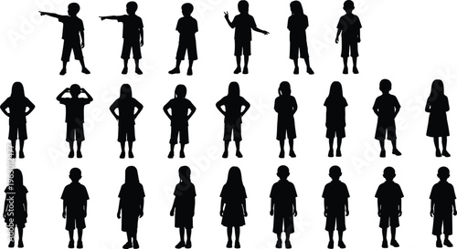 Silhouettes of children in multiple unique poses, standing, pointing, gesturing, and moving, emphasizing diverse postures for design, illustration, education, and visual learning resources