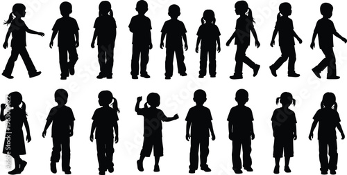 Silhouettes of diverse children in various poses, standing, walking, and gesturing, showcasing diversity in hairstyles, clothing, and playful postures for educational and design use