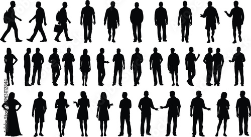 Silhouettes of diverse people in various poses and attire, walking, standing, interacting, black figures isolated on white background, concept of fashion, demographics, and social behavior