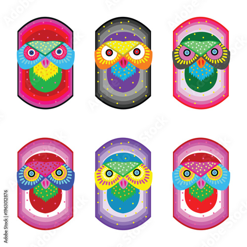 Traditional Bengali New Year owl mask vector collection. Vibrant folk art illustrations for Pohela Boishakh celebrations and cultural festivals. Editable EPS format. Colorful Pohela Boishakh Owl Mask.
