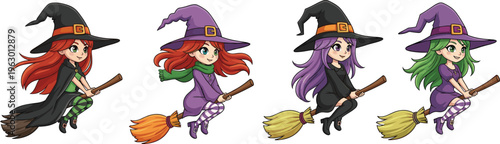 Set of four cute chibi little witches flying on broomsticks with colorful hair and outfits for Halloween invitations and stickers