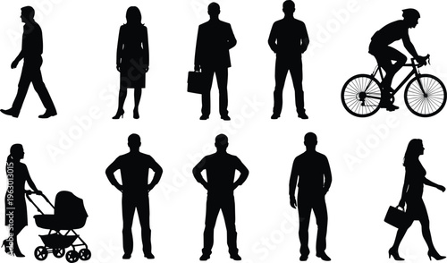 Silhouettes of men and women in varied everyday activities, walking, standing, cycling, and pushing strollers, highlighting diverse postures and gestures for design, illustration, and educational 