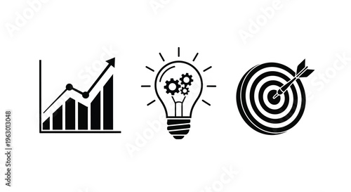 Business icons depicting growth ideas and success a black silhouette