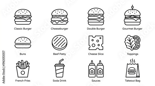 Collection of clean line art icons representing various burger ingredients and fast food items.