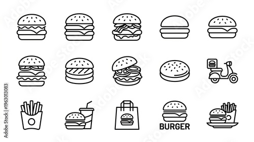Collection of stylized line art icons featuring various burgers, fries, and delivery scooter.