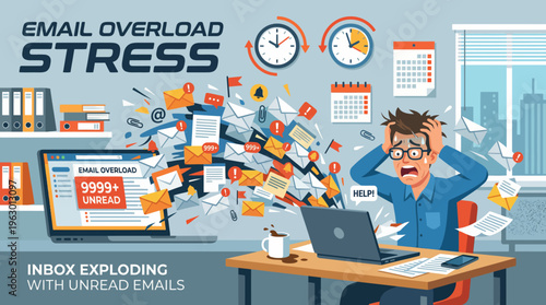 Stressed Man Overwhelmed by Email Overload and Exploding Inbox with Unread Messages in Office Illustration