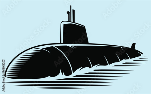 A stylized vector illustration of a military submarine cruising on the ocean surface
